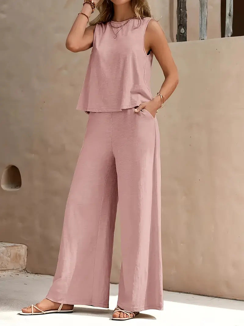 Women’s Two Piece Pants Set, Sleeveless Top and Wide Leg Trousers, Casual Loose Summer Outfit