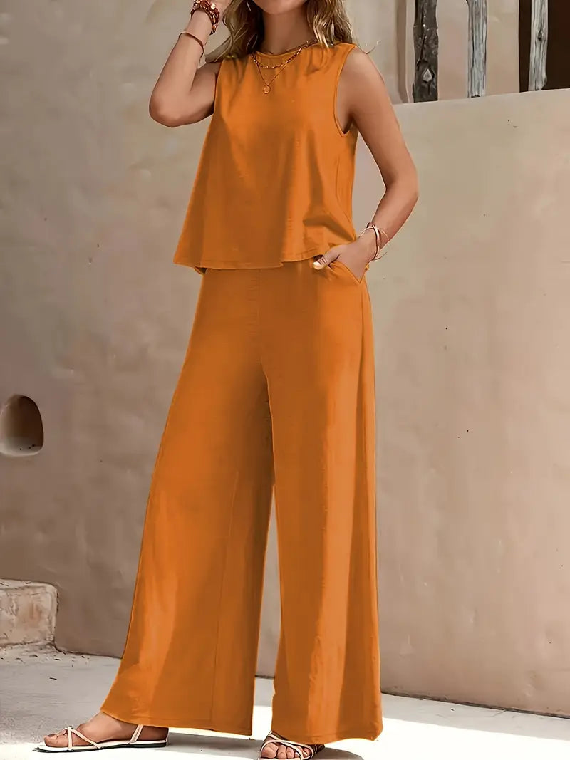 Women’s Two Piece Pants Set, Sleeveless Top and Wide Leg Trousers, Casual Loose Summer Outfit