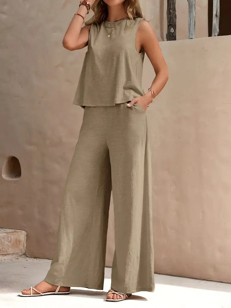 Women’s Two Piece Pants Set, Sleeveless Top and Wide Leg Trousers, Casual Loose Summer Outfit
