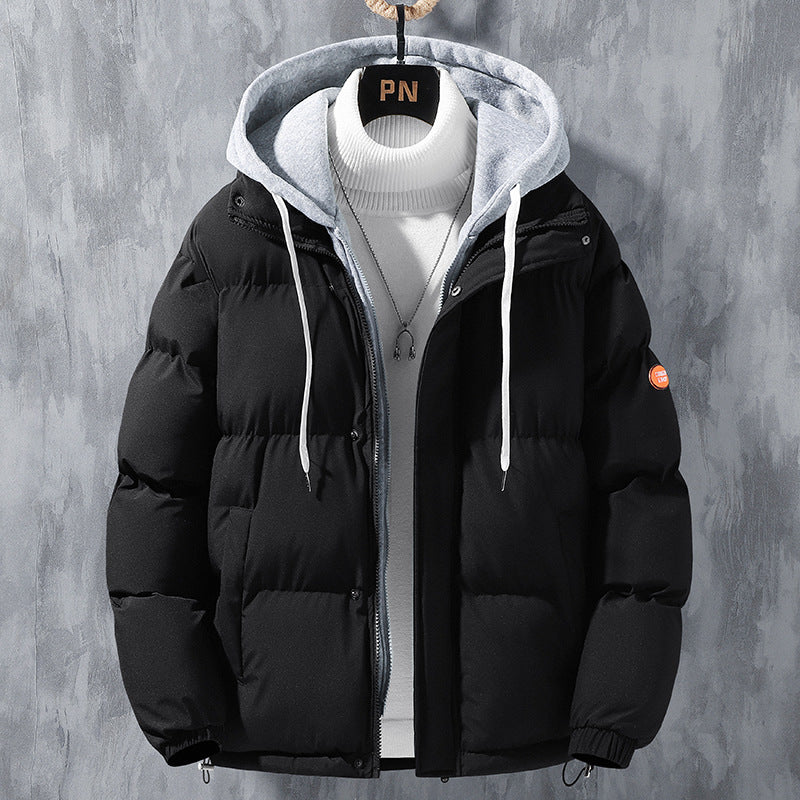 Men’s Hooded Winter Jacket, Windproof Cotton Coat with Faux Two-Piece Design, Warm Casual Outdoor Jacket
