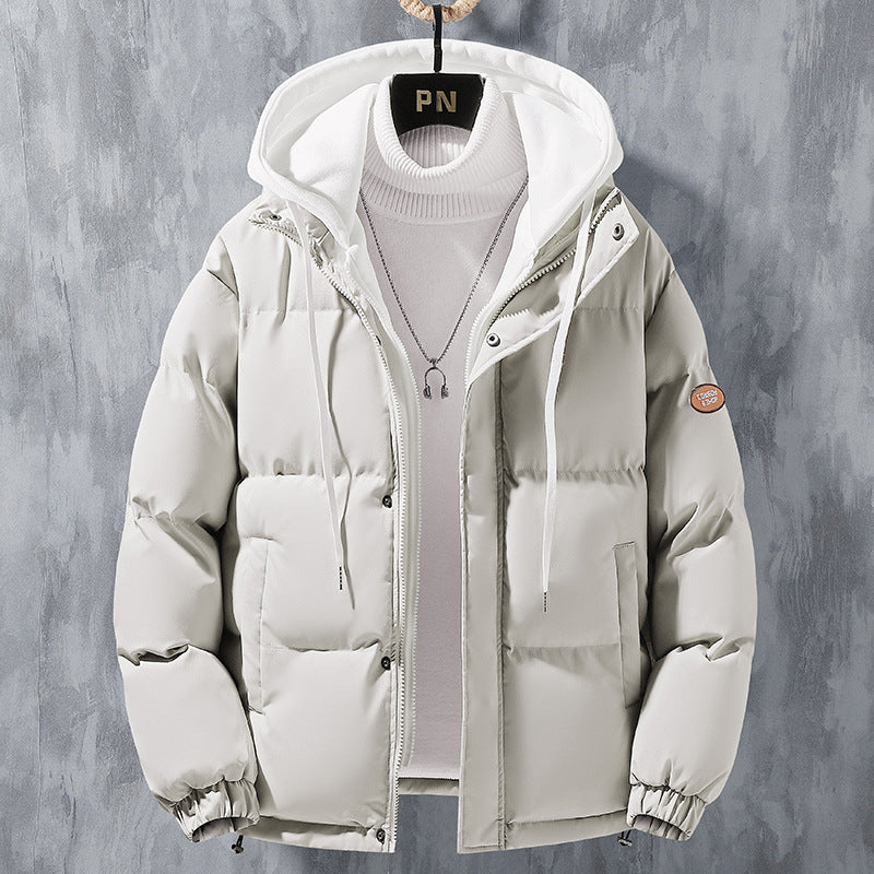 Men’s Hooded Winter Jacket, Windproof Cotton Coat with Faux Two-Piece Design, Warm Casual Outdoor Jacket