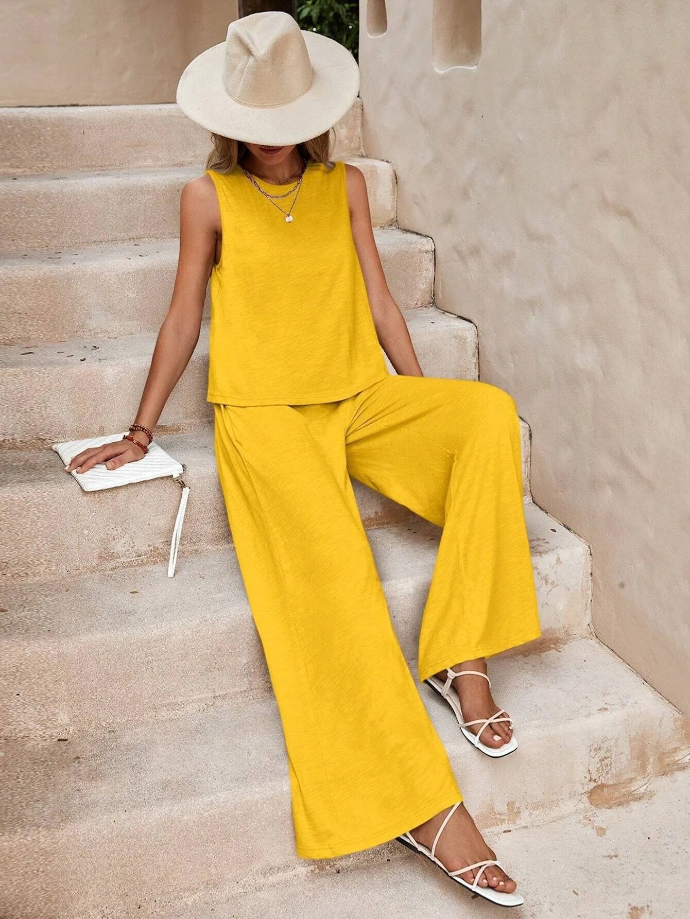 Women’s Two Piece Pants Set, Sleeveless Top and Wide Leg Trousers, Casual Loose Summer Outfit