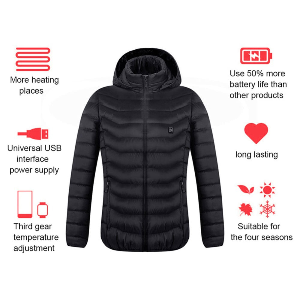 Men’s Heated Jacket with USB Rechargeable Heating, Lightweight Thermal Winter Coat with Removable Hood, Windproof Electric Heating Jacket, 3 Temperature Levels