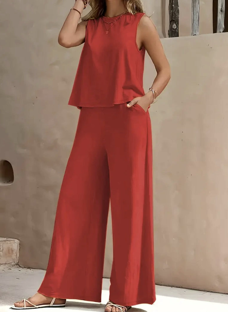 Women’s Two Piece Pants Set, Sleeveless Top and Wide Leg Trousers, Casual Loose Summer Outfit