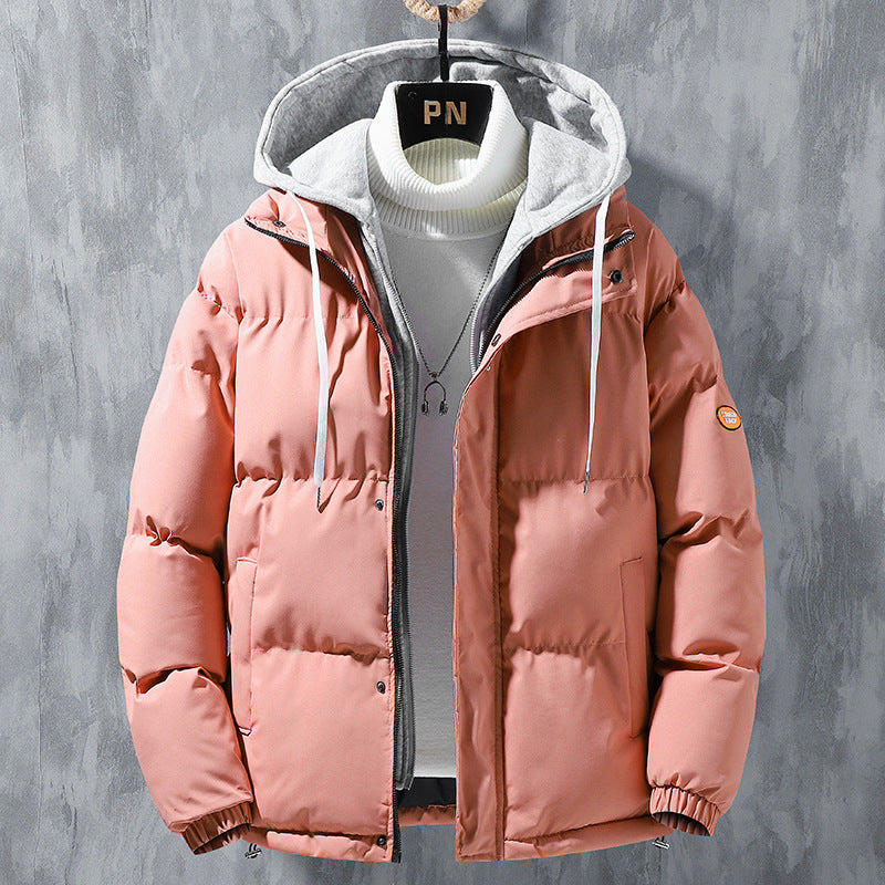 Men’s Hooded Winter Jacket, Windproof Cotton Coat with Faux Two-Piece Design, Warm Casual Outdoor Jacket