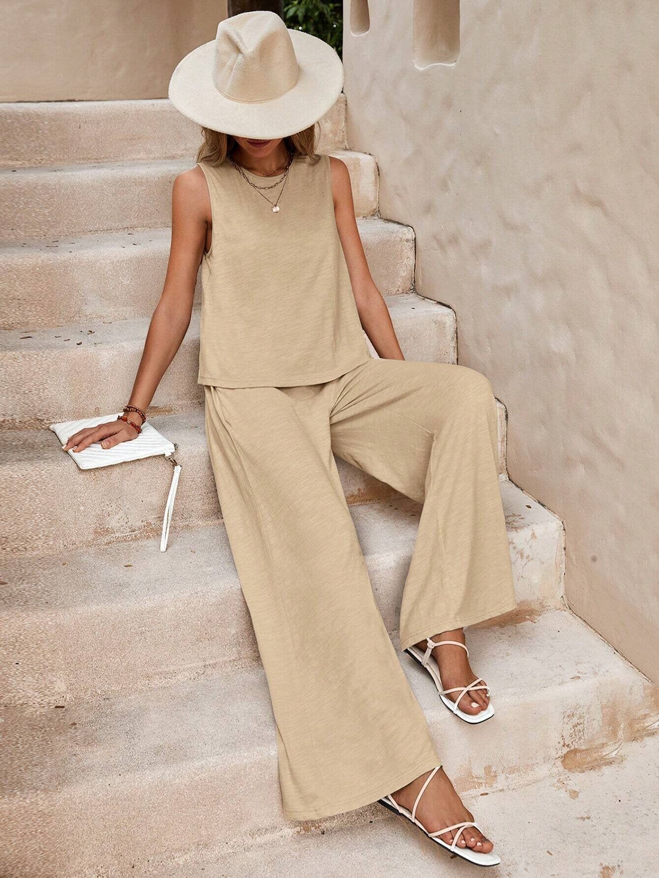 Women’s Two Piece Pants Set, Sleeveless Top and Wide Leg Trousers, Casual Loose Summer Outfit