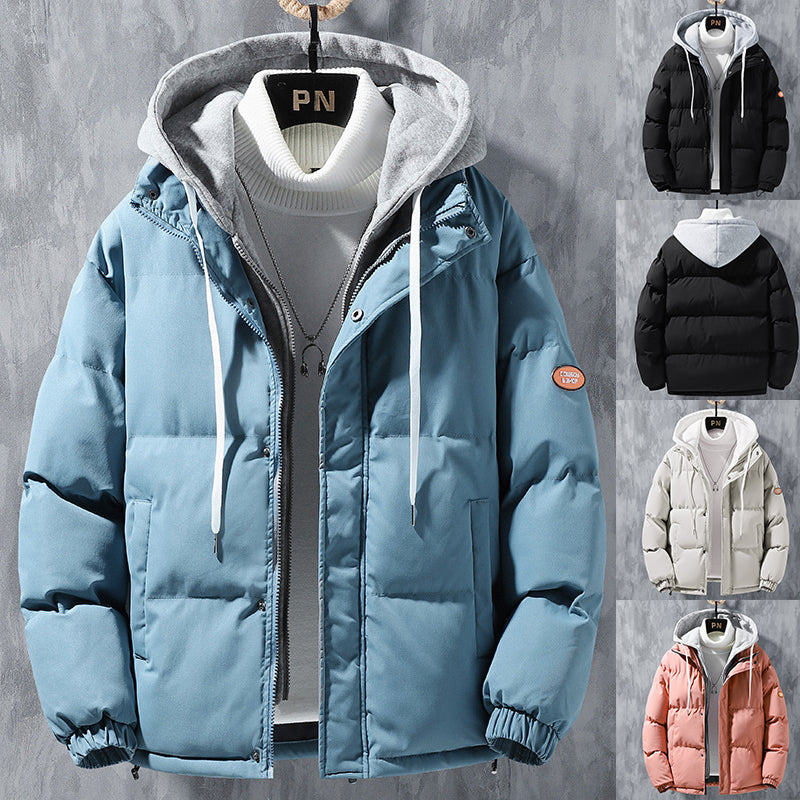 Men’s Hooded Winter Jacket, Windproof Cotton Coat with Faux Two-Piece Design, Warm Casual Outdoor Jacket