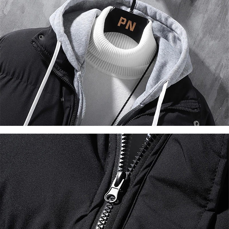 Men’s Hooded Winter Jacket, Windproof Cotton Coat with Faux Two-Piece Design, Warm Casual Outdoor Jacket