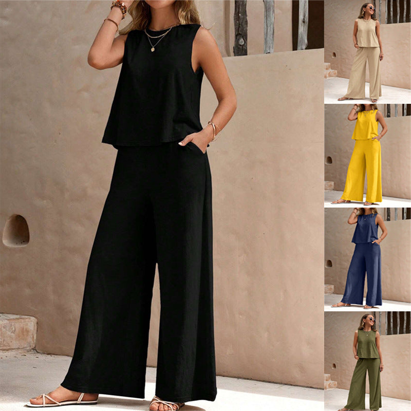 Women’s Two Piece Pants Set, Sleeveless Top and Wide Leg Trousers, Casual Loose Summer Outfit