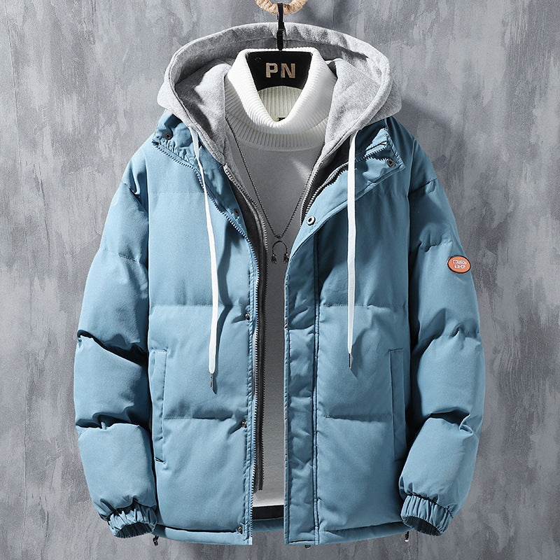 Men’s Hooded Winter Jacket, Windproof Cotton Coat with Faux Two-Piece Design, Warm Casual Outdoor Jacket